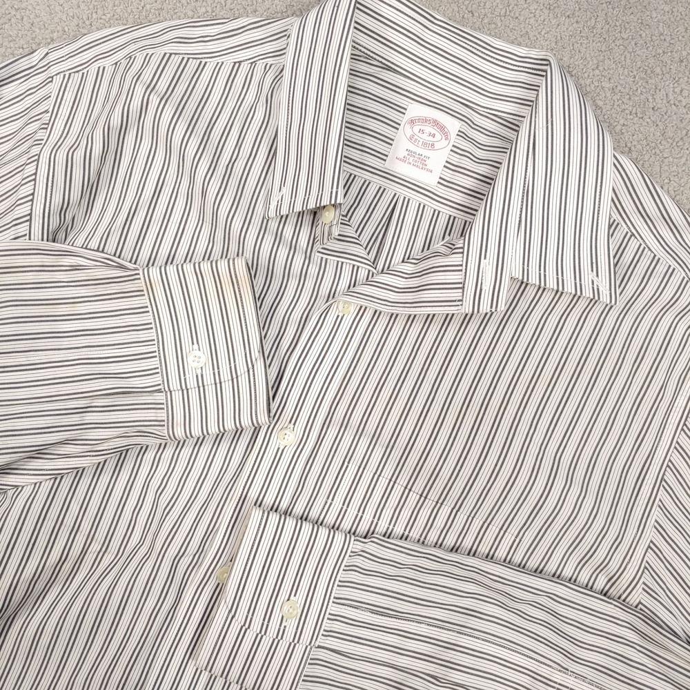 Brooks Brothers Dress Shirt - Men's 15-34 White Black Striped Non-Iron Cotton